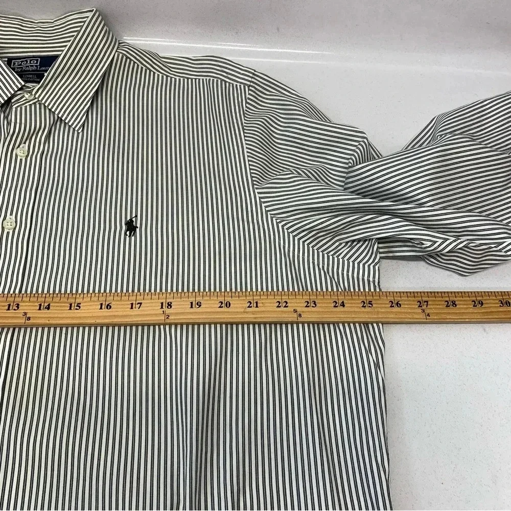 Polo Ralph Lauren Shirt Men 17.5 Lowell Gray Stripe Long Sleeve 100% Cotton Pony